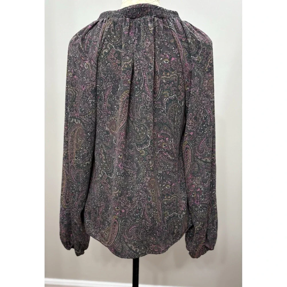 NEW Evereve Womens L Kyra Paisley Blouse Smocked V Neck Balloon Sleeve Boho USA